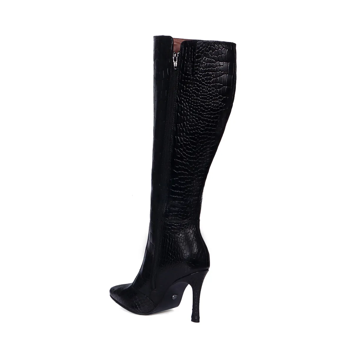 Black Pointed Toe Zip Closure Knee Heights Deep Cut Croco Leather Ladies Stiletto Pencil Heel Boots By Brune & Bareskin
