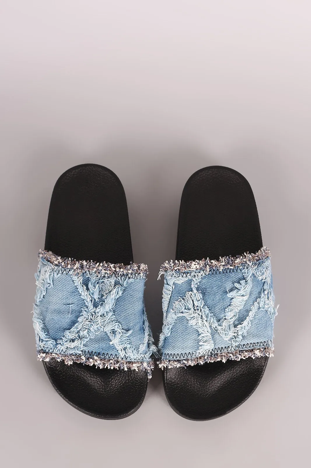 Frayed Patchwork Denim Slide Sandal