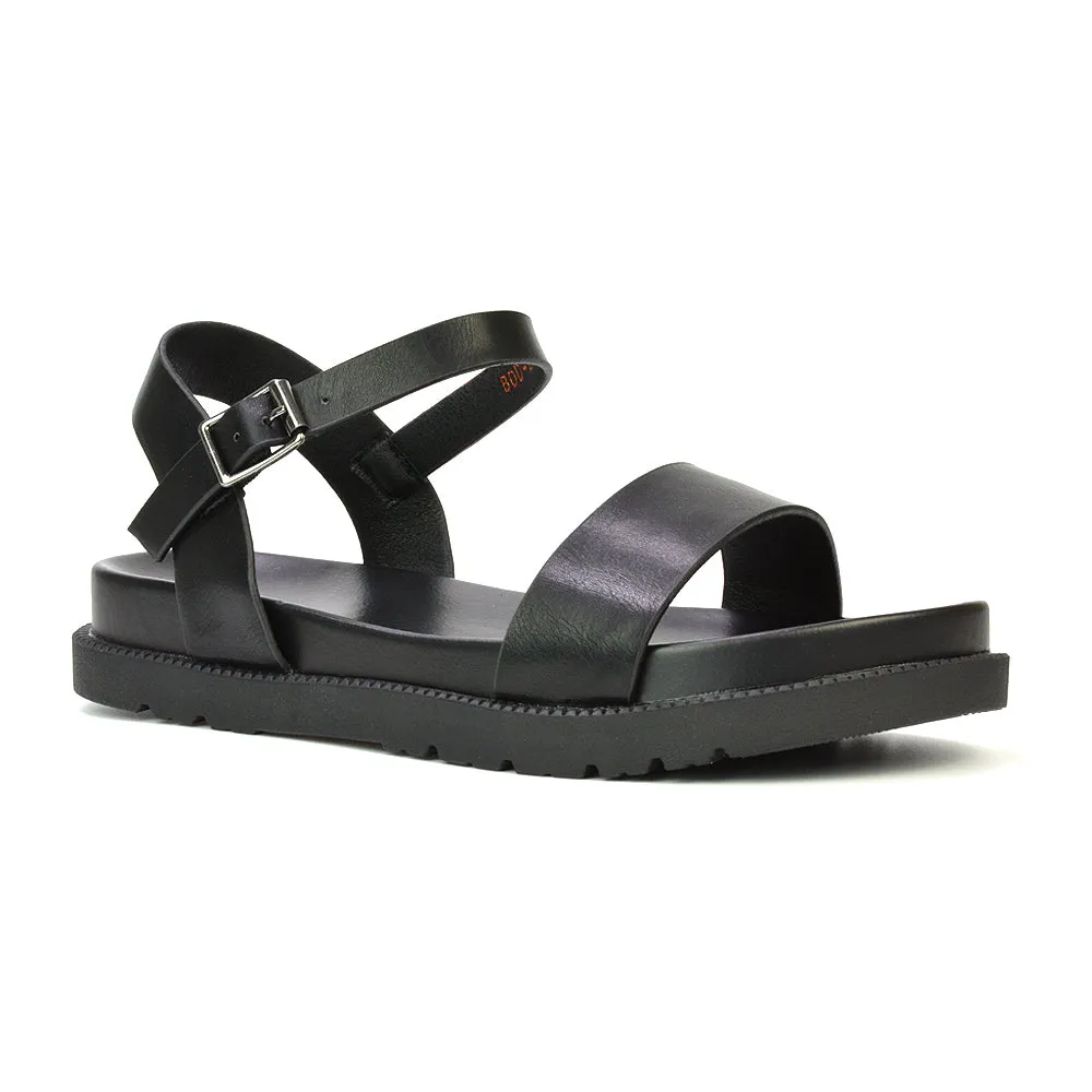 Grace Flatform Ankle Buckle Strappy Flat Summer Sandals in Black Synthetic Leather