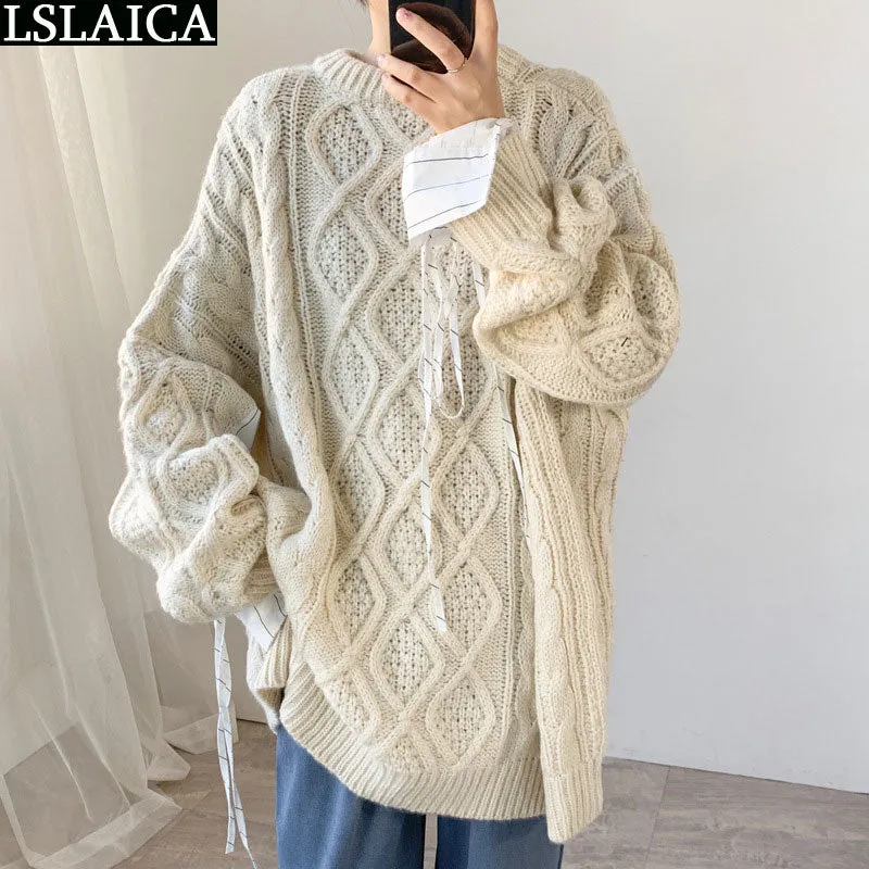 Joskaa Autumn Winter Long Sleeve Women's Sweater Solid Color Shirt Patchwork O Neck Loose Twist Pattern Weaving Casual Sweater Women