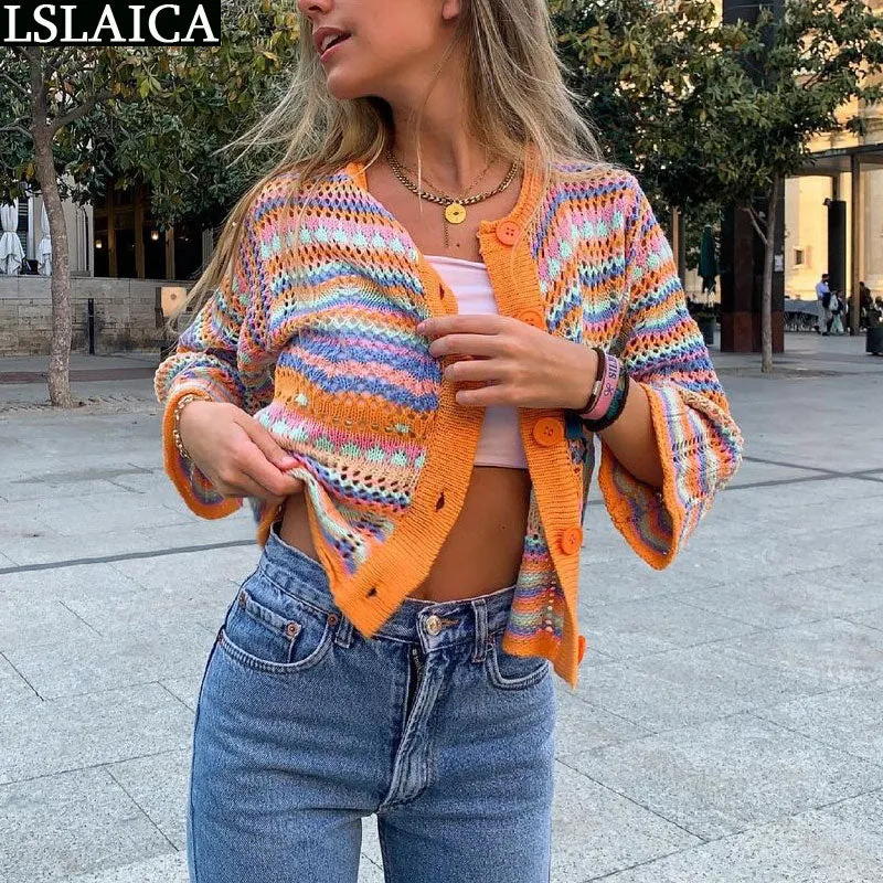 Joskaa Cardigan Top Women Long Sleeve Single Button Decorated Slim Rainbow Striped Patchwork Women's Sweater Spring Autumn Fashion 2024