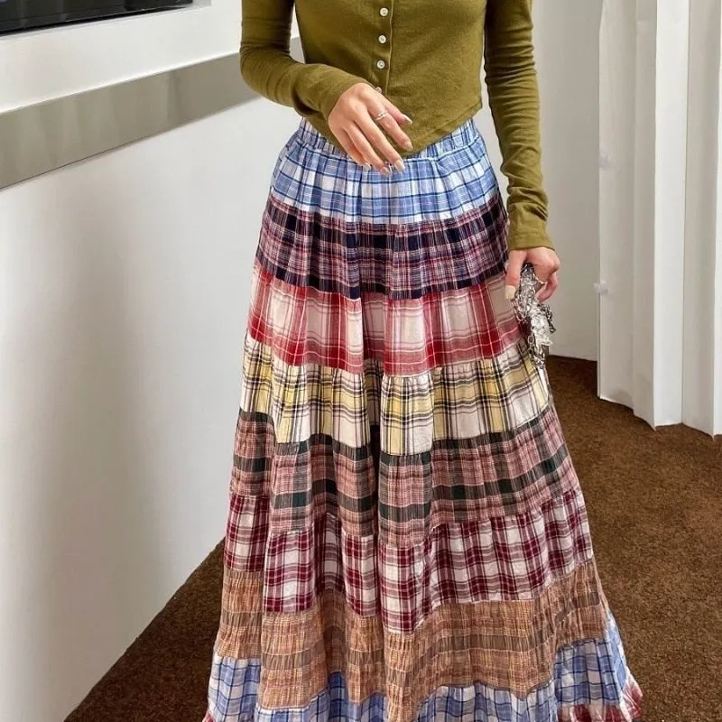 Joskaa Plaid Patchwork Maxi Skirt Women Autumn 2024 Vintage Elastic High Waist Folds A-line Long Skirt Harajuku Streetwear