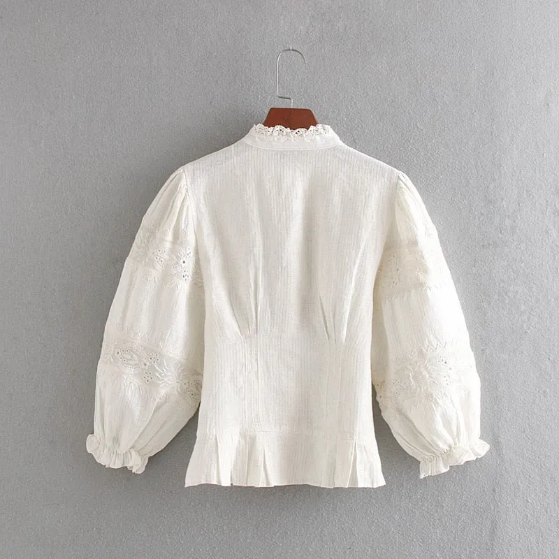 Joskaa Stylish Women Blouse Embroidery Shirt Autumn 2019 New Fashion Hollow Out Lace Patchwork Striped Modern Lady Short Tops Fall Outfits 2024