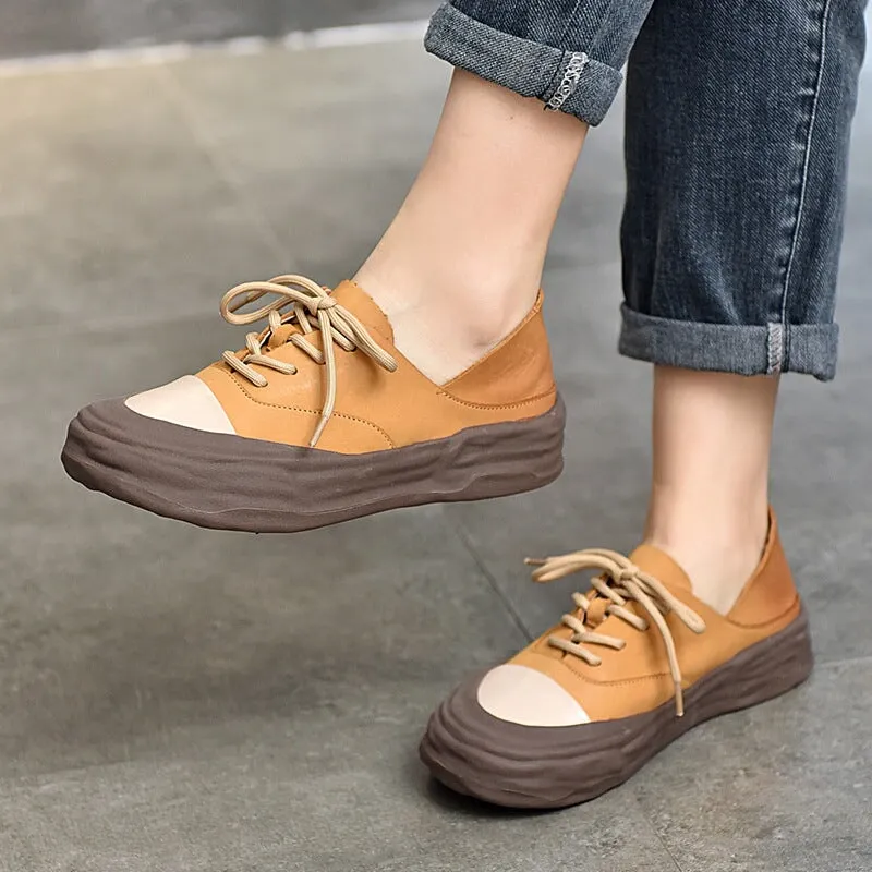 Leather Original Sole Sneakers for Women Low-top Lace up in Coffee/Yellow