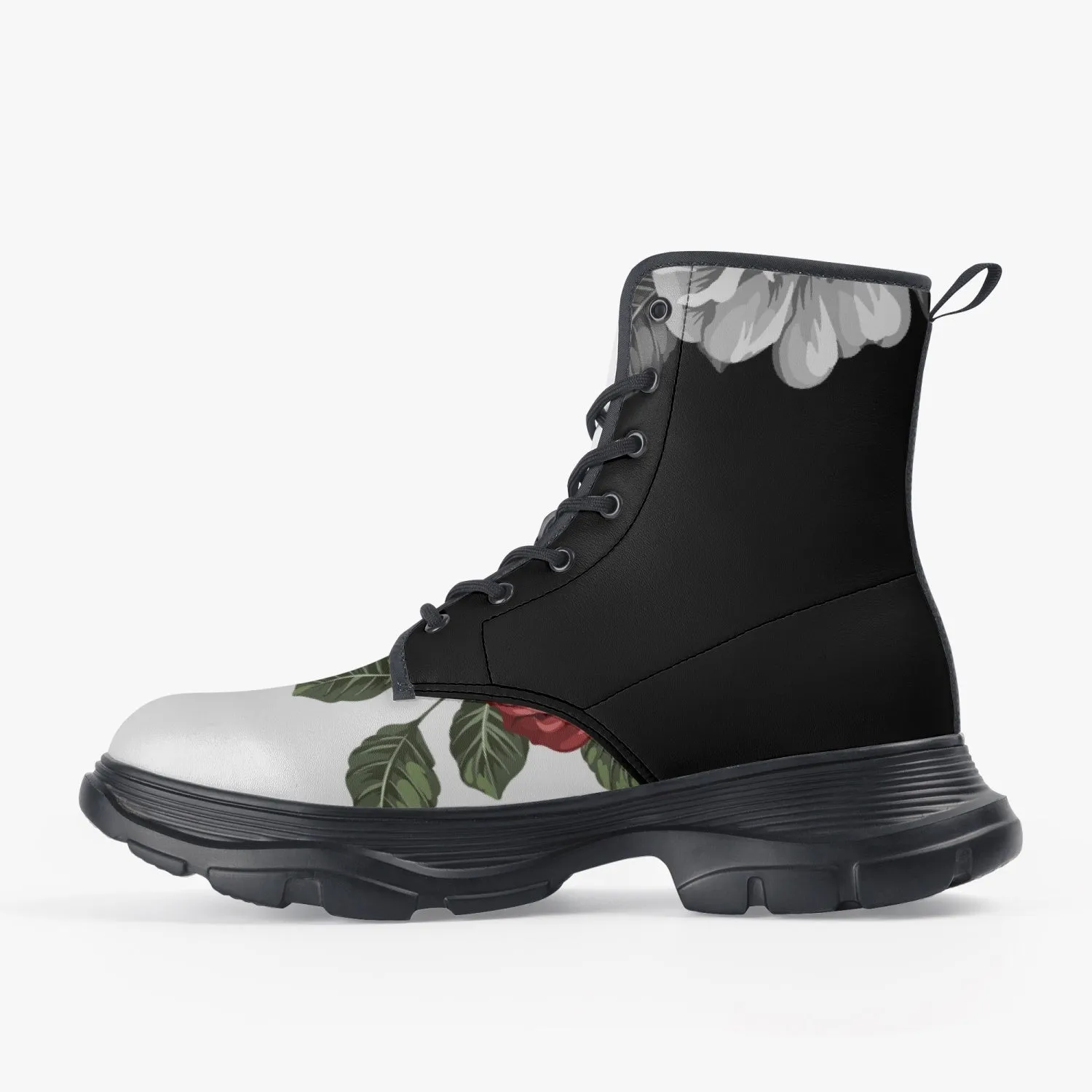 Light Versus Dark Roses Casual Leather Chunky Boots