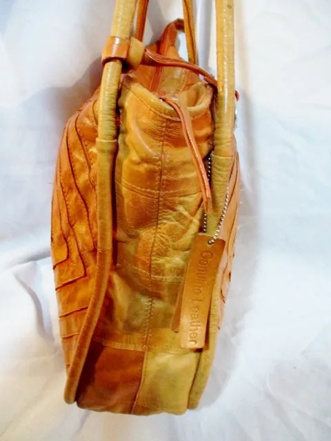 NINO BOSSI Genuine Leather Tote Shoulder Bag Carryall Shopper ORANGE Patchwork