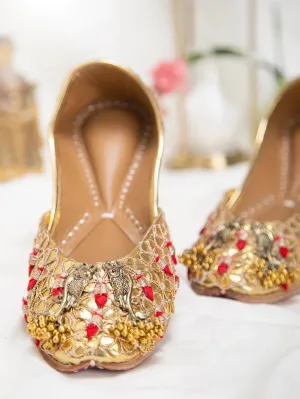 Peacock Love - Gold & Red 3D Embroidered Juttis