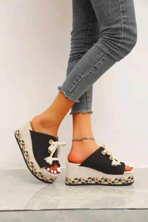 Purpdrank - Black Fashion Casual Patchwork Frenulum Round Wedges Shoes