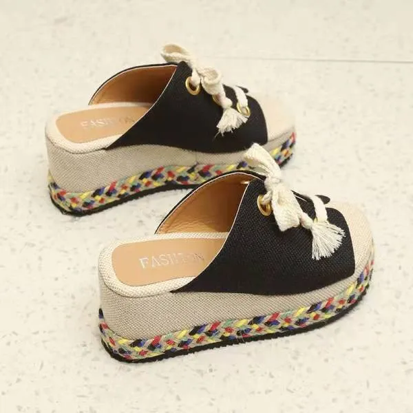 Purpdrank - Black Fashion Casual Patchwork Frenulum Round Wedges Shoes