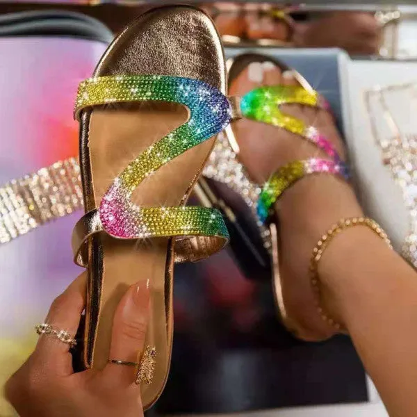 Purpdrank - Gold Fashion Casual Patchwork Rhinestone Round Comfortable Shoes