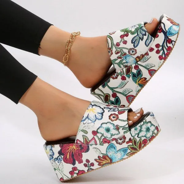Purpdrank - White Patchwork Printing Round Out Door Wedges Shoes (Heel Height 2.36in)
