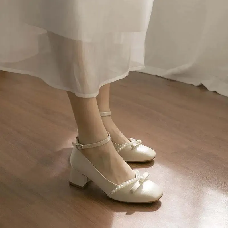Sohiwoo Ladies Summer Footwear with Bow Shoes for Women 2024 Japanese Style Lolita Mary Jane Square Toe Gothic Pearl Medium Heels 39 A E
