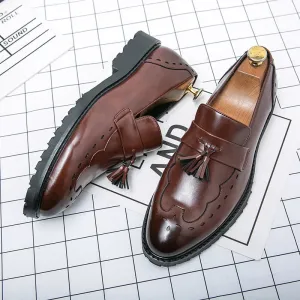 Sohiwoo Men's Dress Shoes slip on Leather Vintage Business Oxfords Flat Soft Bottom Male Footwear Spring tassel Loafers Men Shoes
