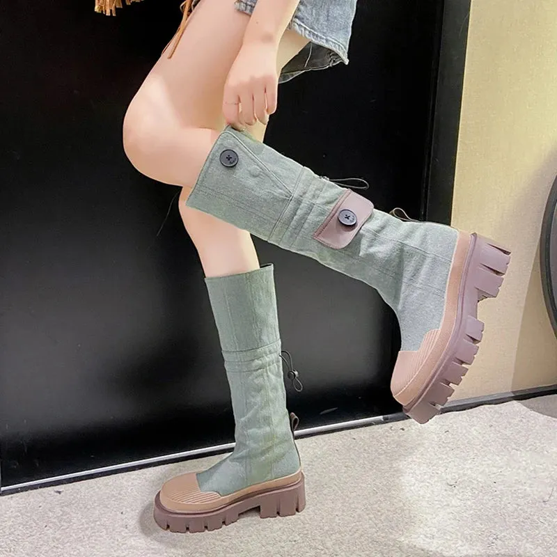 Sohiwoo Retro Denim Chunky Platform Boots Women Autumn Patchwork Western Style Cowboy Boots Woman Thick Heels Mid Calf Botas