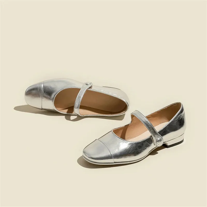 Sohiwoo Silver Mary Jane Women's Low Heel New Summer Lady Flats Shallow Mouth French Pu Patchwork Square Toe Leisure Fashion Shoes