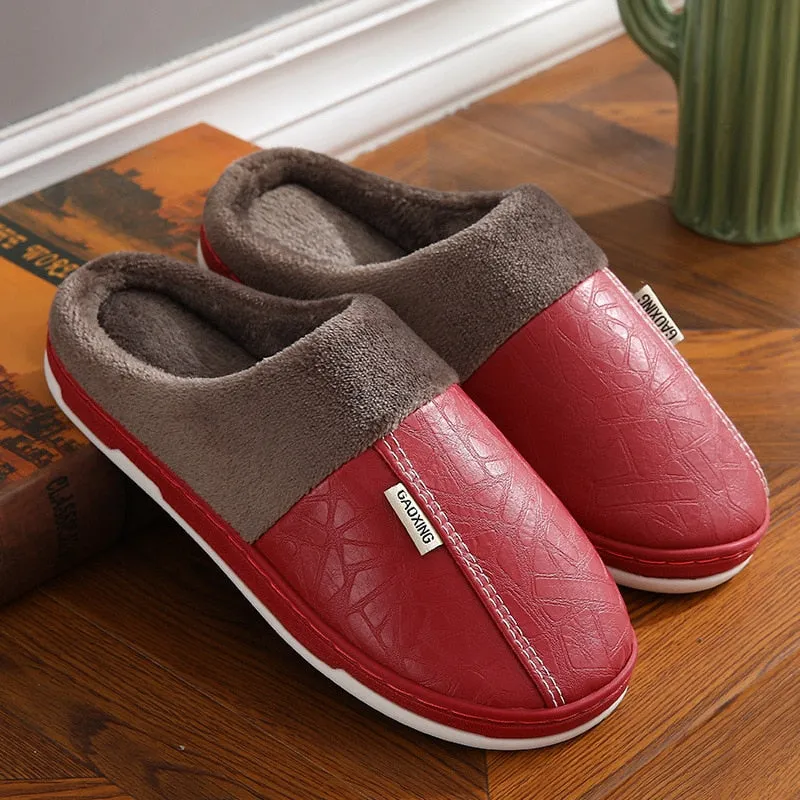 Winter Indoor Leather Slippers Household Waterproof Warm Slides Home Fur Couple Shoes Flat Men's Slipper Cotton Sandals