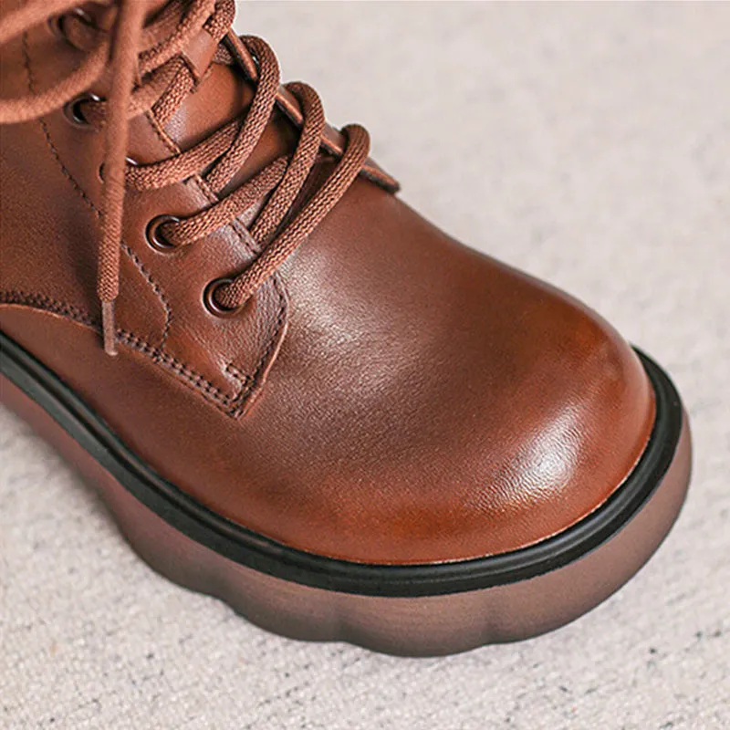 Women Retro Leather Patchwork Chunky Heel Boots
