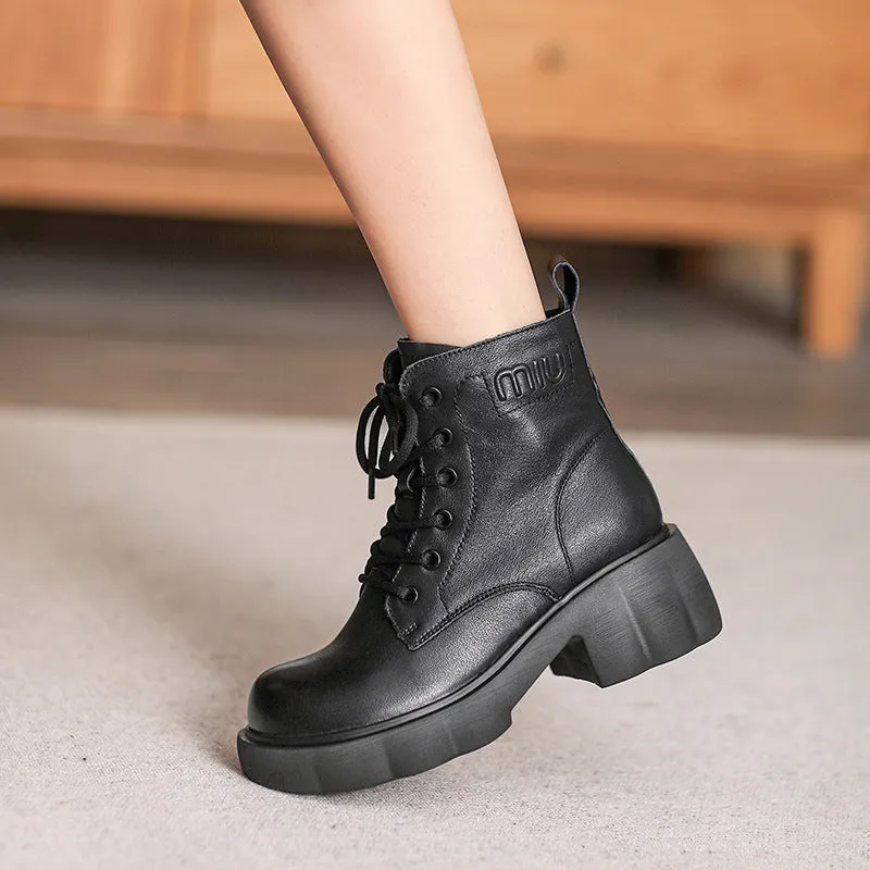 Women Retro Leather Patchwork Chunky Heel Boots