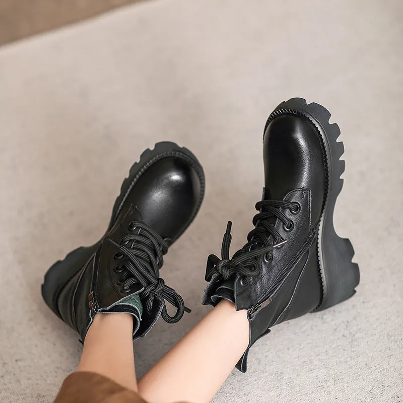 Women Retro Patchwork Leather Chunky Wedge Boots